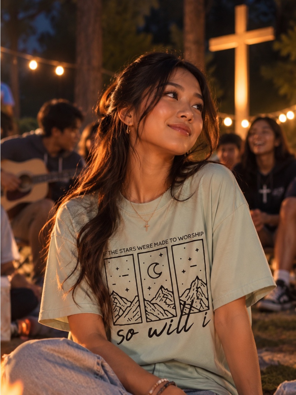 SHEIN Sage Green Graphic Tee - 'So Will I' Mountain Print